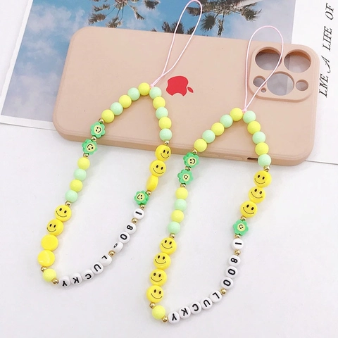 Bunte Handgefertigte Perlen Handykette Mit Lächelndem Gesicht Blume Lucky Buchstaben Polymerton Acryl Anti-Drop Lanyard Für Damen