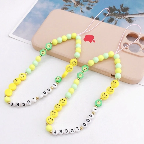 Bunte Handgefertigte Perlen Handykette Mit Lächelndem Gesicht Blume Lucky Buchstaben Polymerton Acryl Anti-Drop Lanyard Für Damen