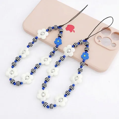 Colorful Beaded Phone Lanyard Charm Flower Artificial Pearl Resin Wrist Strap Anti Lost Phone Case Hanging Decor For Women