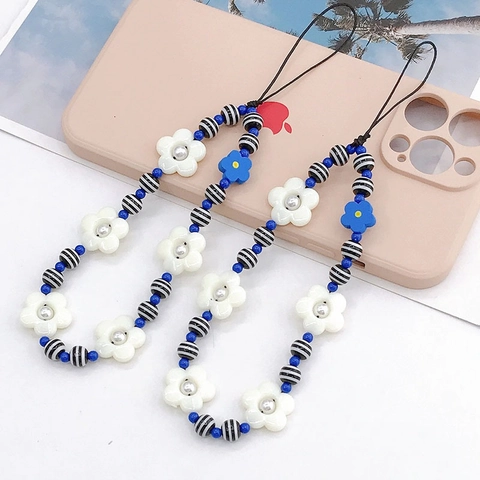 Colorful Beaded Phone Lanyard Charm Flower Artificial Pearl Resin Wrist Strap Anti Lost Phone Case Hanging Decor For Women
