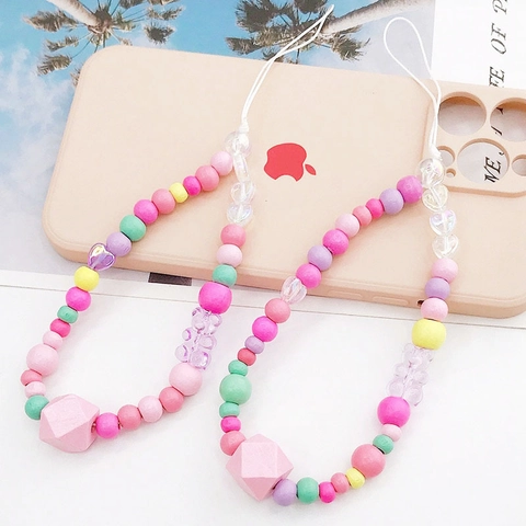 Acrylic Beaded Phone Lanyard Colorful Heart Bear Charm Anti-lost Wrist Strap Handmade Macaron Bead Case Accessory Jewelry