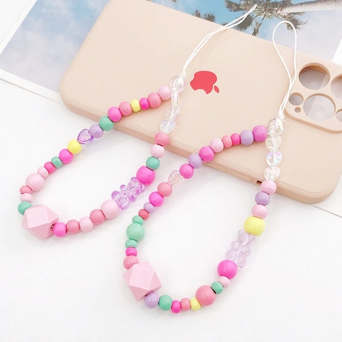 Acrylic Beaded Phone Lanyard Colorful Heart Bear Charm Anti-lost Wrist Strap Handmade Macaron Bead Case Accessory Jewelry