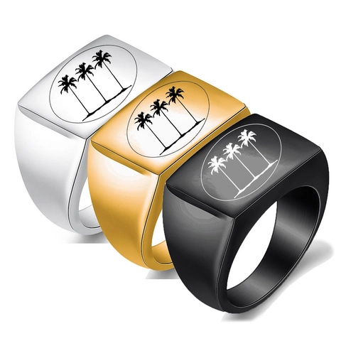 Chevalière pour Hommes en Acier Inoxydable Minimaliste Gravée au Laser Palmier Bague Rectangulaire Bijoux de Plage