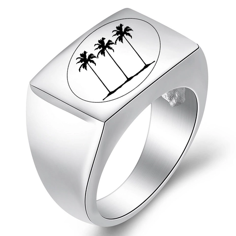 Chevalière pour Hommes en Acier Inoxydable Minimaliste Gravée au Laser Palmier Bague Rectangulaire Bijoux de Plage