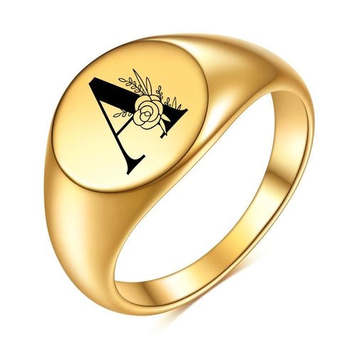 Minimalistischer Edelstahl 18K Vergoldeter Siegelring Rund Anfangsbuchstabe Rosenblüte Lasergravur Modeschmuck Für Damen Herren