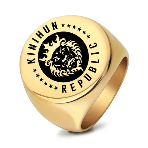 Vintage 304 Stainless Steel Lion Head Crown Signet Ring For Men Engraved KINIHUN REPUBLIC Round Band Biker Jewelry Gift
