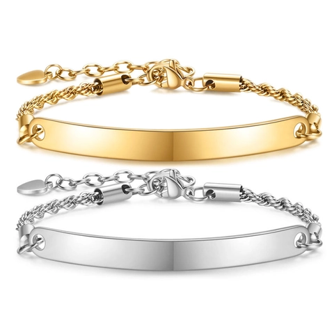 Minimalist Stainless Steel Curved Bar ID Bracelet For Women Engravable Blank Plate Rope Chain Heart Charm Adjustable Jewelry