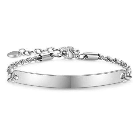Minimalist Stainless Steel Curved Bar ID Bracelet For Women Engravable Blank Plate Rope Chain Heart Charm Adjustable Jewelry