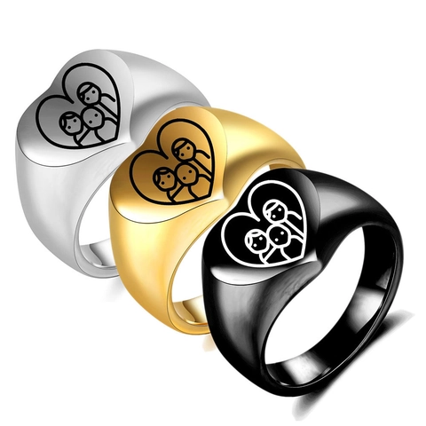 Minimalist 304 Stainless Steel Heart Signet Ring For Women Men Family Portrait Engraved Polished Finger Ring Father Mother Day Gift