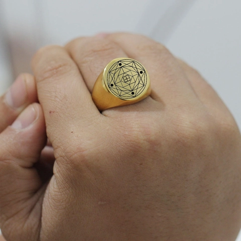 Bague Chevalière Vintage en Acier Inoxydable 304 Gravée au Laser Motif Géométrique Géométrie Sacrée pour Hommes et Femmes