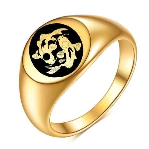 Vintage 304 Stainless Steel Signet Ring Polished Twin Koi Fish Yin Yang Pattern Gold Black Fashion Jewelry Ring For Unisex