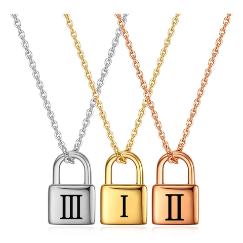 304 Stainless Steel Padlock Pendant Necklace For Women Minimalist Roman Numerals Laser Engraved Lock Fashion Jewelry Gift