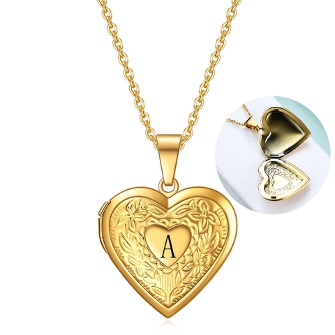 Collier Médaillon Cœur en Acier Inoxydable Lettre Initiale Gravée Motif Floral Cadre Photo Pendentif Bijoux pour Femmes
