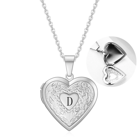 Stainless Steel Heart Locket Necklace Engraved Floral 26 Letters Personalised Photo Frame Pendant Personal Memorial Jewelry For Women