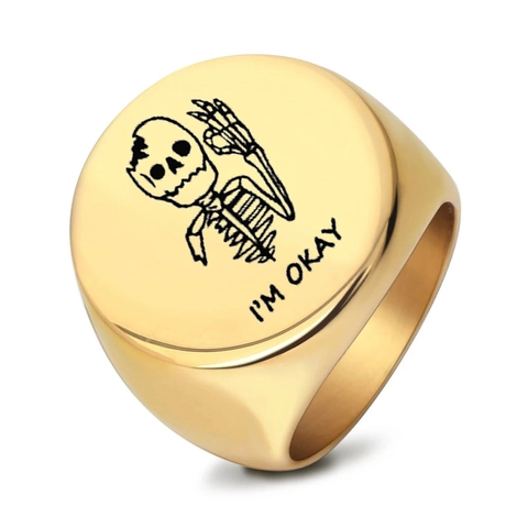Vintage Stainless Steel Signet Ring For Men Skull OK Gesture Im Okay Round Polished Punk Style Finger Ring Jewelry