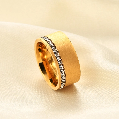 Anello a Fascia Larga in Acciaio Inossidabile Spazzolato per Donna Anello con Strass Intarsiato a Una Fila Gioielli Anello Dito