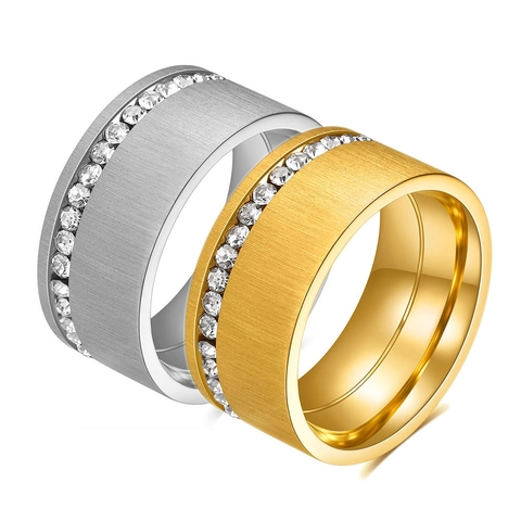 Anello a Fascia Larga in Acciaio Inossidabile Spazzolato per Donna Anello con Strass Intarsiato a Una Fila Gioielli Anello Dito