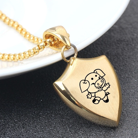 Men 304 Stainless Steel Shield Pendant Necklace Gold Laser Engraved Cartoon Chinese Zodiac Animal Charm Shield Necklace