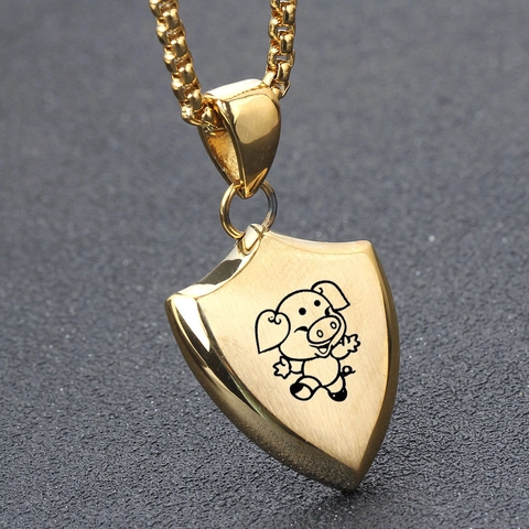 Men 304 Stainless Steel Shield Pendant Necklace Gold Laser Engraved Cartoon Chinese Zodiac Animal Charm Shield Necklace