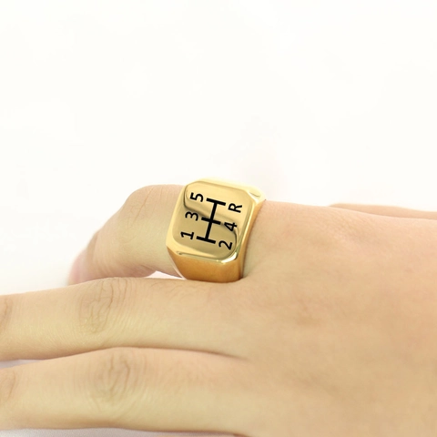 Vintage Stainless Steel Manual Gear Shift Pattern Signet Ring Square Face Laser Engraved Punk Ring For Men Car Lovers