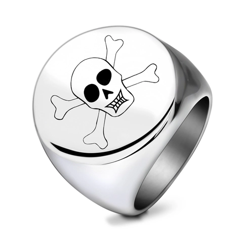 Men Vintage Punk Gothic Stainless Steel Skull Signet Ring Laser Engraved Square Round Polished Biker Finger Ring Jewelry