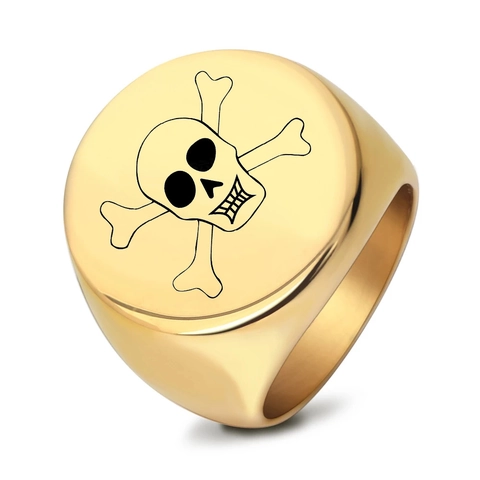 Men Vintage Punk Gothic Stainless Steel Skull Signet Ring Laser Engraved Square Round Polished Biker Finger Ring Jewelry