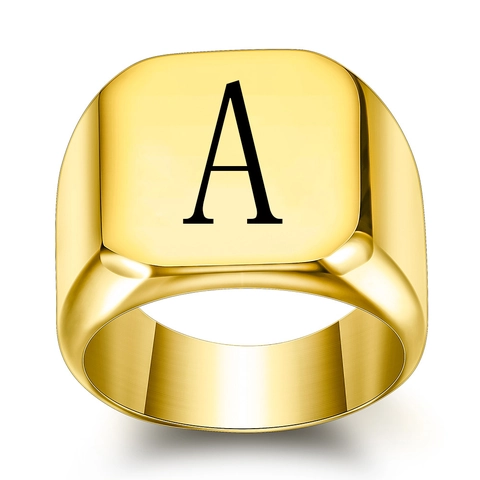 Bague Chevalière avec Initiale de l'Alphabet en Acier Inoxydable Plaqué Or Vintage Punk pour Hommes Bague Carrée Bijoux Lettre A-Z Cadeau