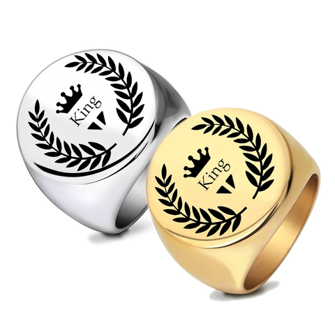 Vintage Men's Stainless Steel Signet Ring Laser Engraved King Crown Laurel Wreath Gold Silver Tone Punk Band Ring Jewelry