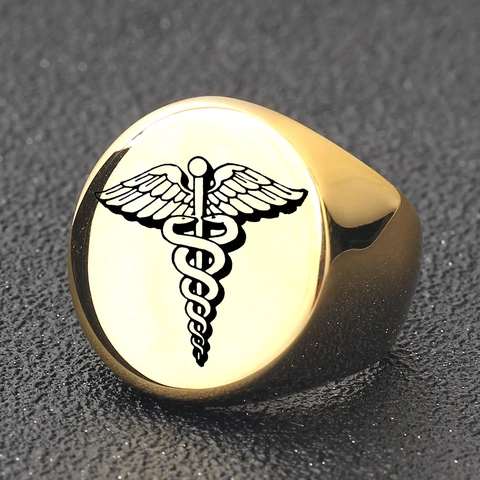 Vintage 304 Stainless Steel Caduceus Signet Ring For Men Gold Silver Polished Round Medical Symbol Professional Finger Ring