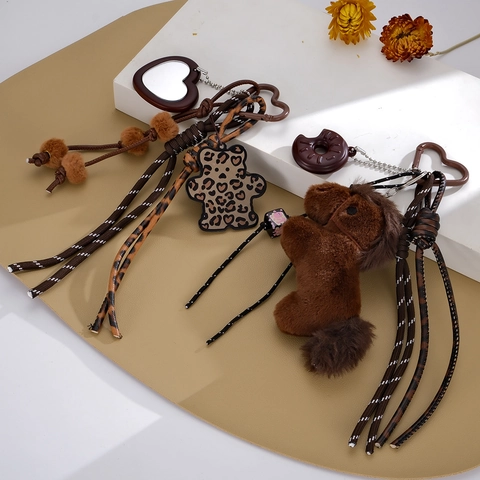 Cute Cartoon Plush Horse Bag Charm Acrylic Leopard Bear Keychain Heart Buckle Pendant For Women Backpack Accessory