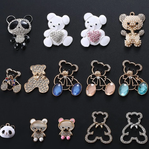 DIY Alloy Rhinestone Bear Panda Charms With Artificial Pearl Enamel For Phone Case Jewelry Making Accessories Cute Animal Pendants