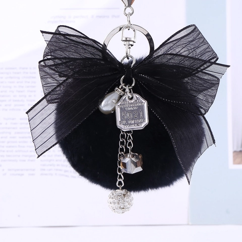 Faux Rabbit Fur Ball Ribbon Bow Keychain With Rhinestone Artificial Pearl For Women Bag Pendant Key Ring Decorative Accessory