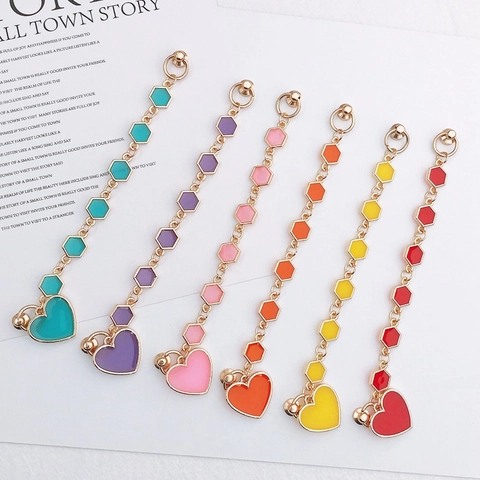 Creative Enamel Heart Phone Charm Gold Alloy Hexagon Chain Anti-Fall Mobile Strap Candy Color Keychain Accessory For Women
