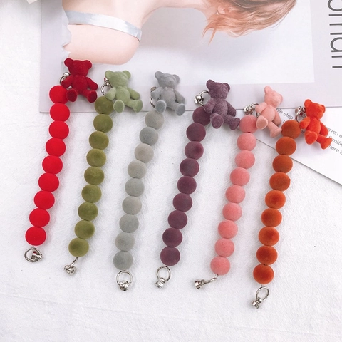 Cute Plush Bear Phone Chain Beaded Anti-Drop Strap With Flocking Beads And Metal Clasp For Phone Case Bag Decor Women
