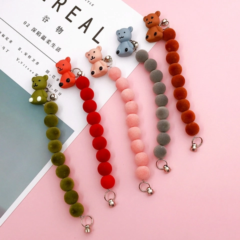 Lindo Brazalete de Cuentas de Oso Flocado Correa de Teléfono DIY Amuleto de Animal de Peluche Cadena de Mano para Mujeres Niños Accesorio