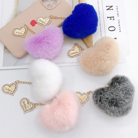 Rex Rabbit Fur Wood Heart Keychain Charm With Rhinestone Inlaid I Love You Pendant For Bag Phone Case Decor Women Gift