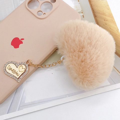 Rex Rabbit Fur Wood Heart Keychain Charm With Rhinestone Inlaid I Love You Pendant For Bag Phone Case Decor Women Gift