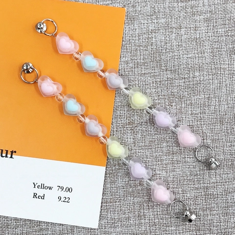 Macaron Colors Frosted Acrylic Heart Beaded Phone Charm Strap DIY Jewelry Accessory Anti-lost Hand Strap For Women Girls