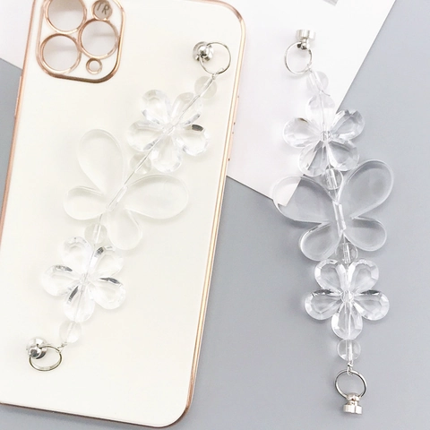 Transparenter Acryl Schmetterling Blume Handyanhänger DIY Perlen Handykette Mit Silber Metallverschluss Zubehör