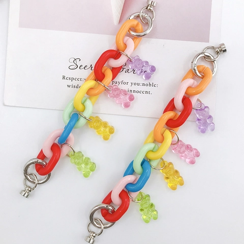 Bracciale a Catena Arcobaleno in Acrilico Con Ciondoli a Orsetto Fatto a Mano Resina Plastica Accessorio per Borse