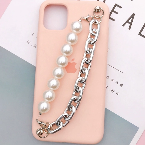 Handgemaakte Acryl Kunstparel Telefoonketting Strap Voor Vrouwen DIY Hoesje Accessoire Zilveren Metalen Schakelarmband Telefoonkoord
