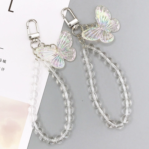 Irisierender Schmetterling Handy-Anhänger Perlen-Schlaufe Glas Transparent Perlmutthandtaschen-Schlüsselanhänger Damen Schmuck