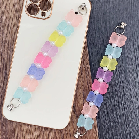 Cadena de Teléfono de Abalorios de Oso Mariposa de Acrílico Dulce Color de Caramelo Correa de Teléfono con Perla Artificial para Mujeres