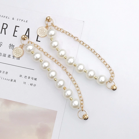 Artificial Pearl Phone Chain With Flower Pendant Gold Metal Double Chain Strap For Mobile Phone Case DIY Decoration For Women
