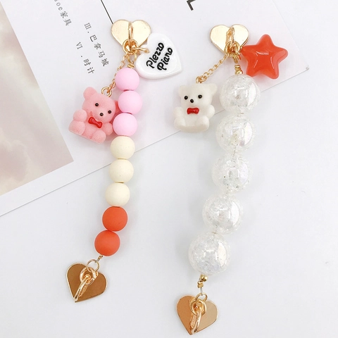 Handmade Acrylic Bear Phone Charm Cute Flocking Bear Heart Star Beaded Strap For Phone Case Bag Decoration DIY Jewelry Gift