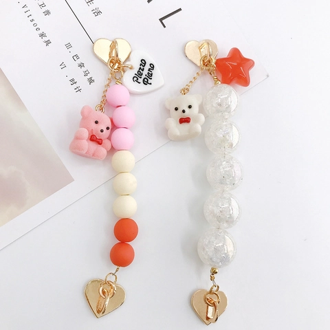 Handmade Acrylic Bear Phone Charm Cute Flocking Bear Heart Star Beaded Strap For Phone Case Bag Decoration DIY Jewelry Gift