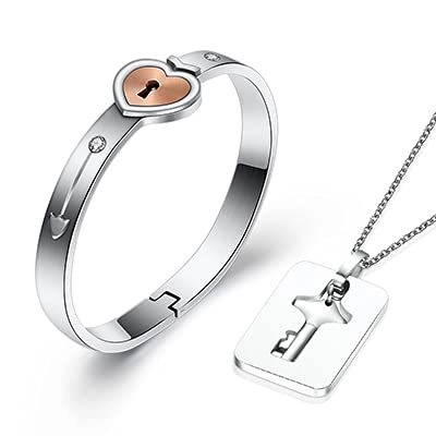 Stainless Steel Heart Lock Bangle Key Pendant Necklace Couple Jewelry Set With Zirconia Romantic Gift For Lovers
