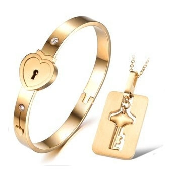 Stainless Steel Heart Lock Bangle Key Pendant Necklace Couple Jewelry Set With Zirconia Romantic Gift For Lovers