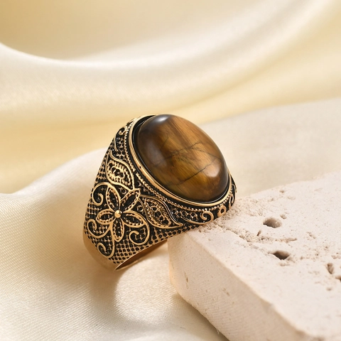 Bague en Acier Inoxydable 304 Pierre Naturelle Vintage pour Femmes Hommes Bague Moulée Creuse Gravée Florale Bijoux Ethniques