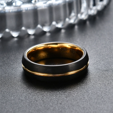 Minimalist Tungsten Carbide Black Gold Two Tone Ring For Men Women Matte Finish Polished Inner Stainless Steel Band Ring
